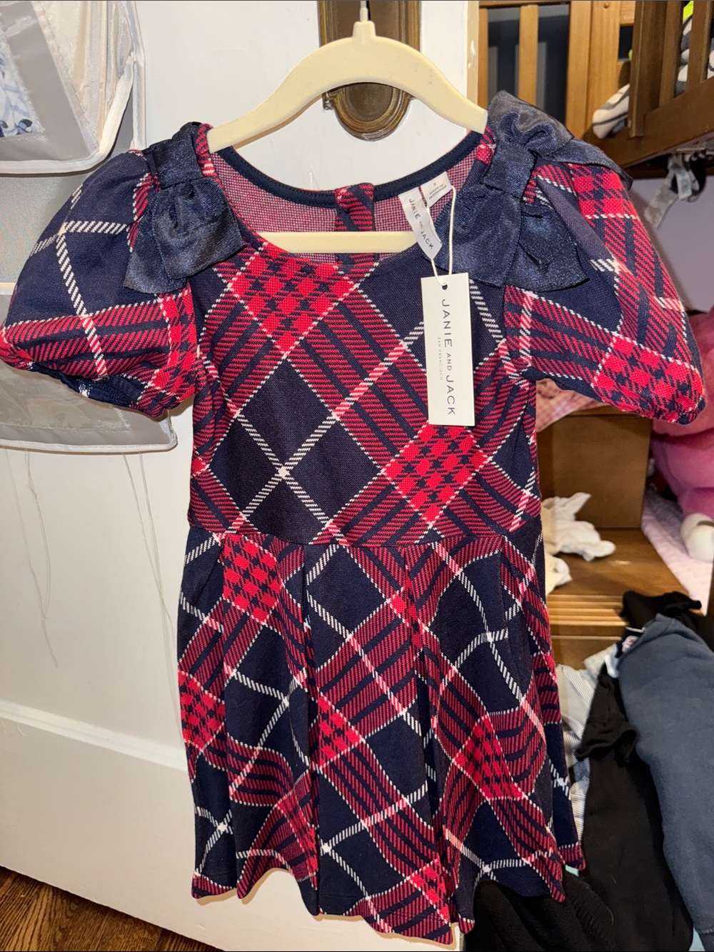 Janie and Jack Navy and Red Plaid Dress with Bow Shoulders